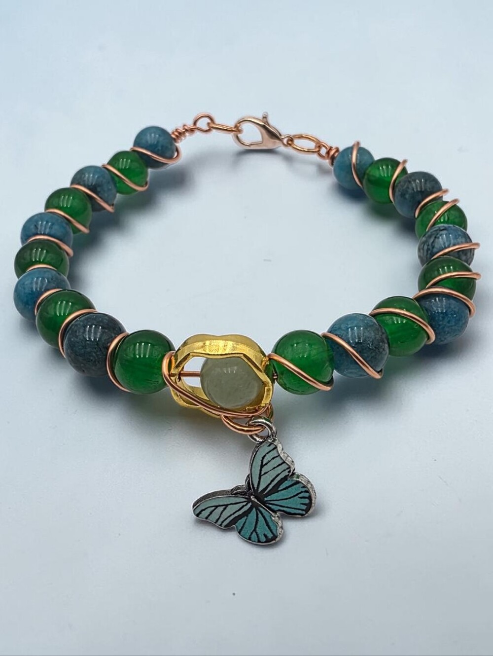 Green & Blue Beaded Bracelet with Butterfly Charm Handmade Boho Jewelry Gift